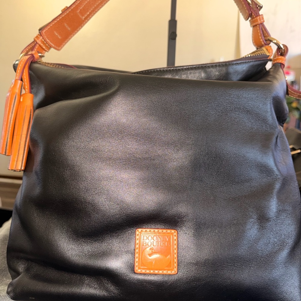 Dooney & Bourke Black Leather Florentine Sloan HoBo Bag with Brass Hardware